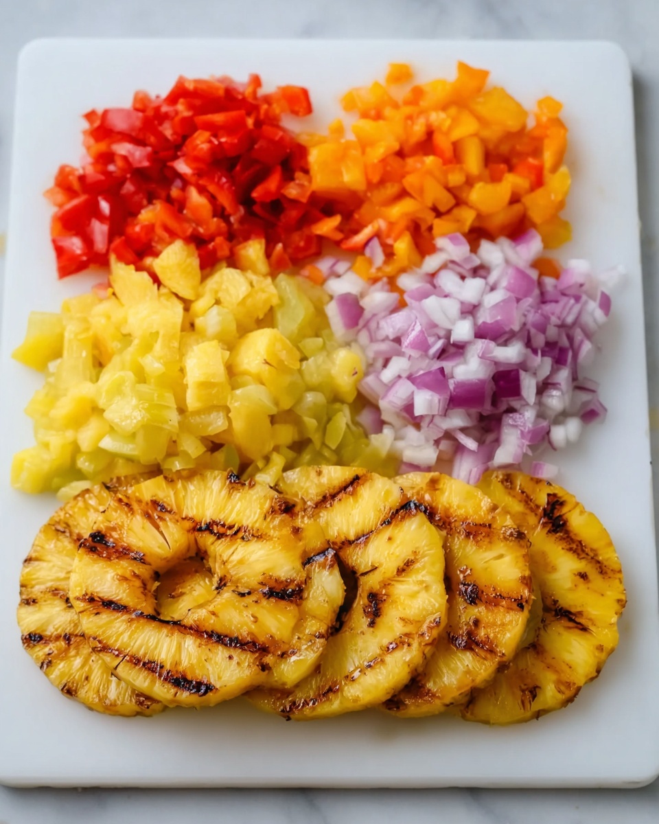 The image shows a white chopping board with five piles of chopped ingredients arranged closely. From left to right, there are small red tomato pieces, orange bell pepper chunks, yellow mango cubes, finely chopped light purple onion, and two large grilled pineapple rings with visible brown grill marks on top. The texture of the grilled pineapple is slightly shiny and moist, while the other diced ingredients look fresh and crisp. The background is a white marbled surface. photo taken with an iphone --ar 4:5 --v 7