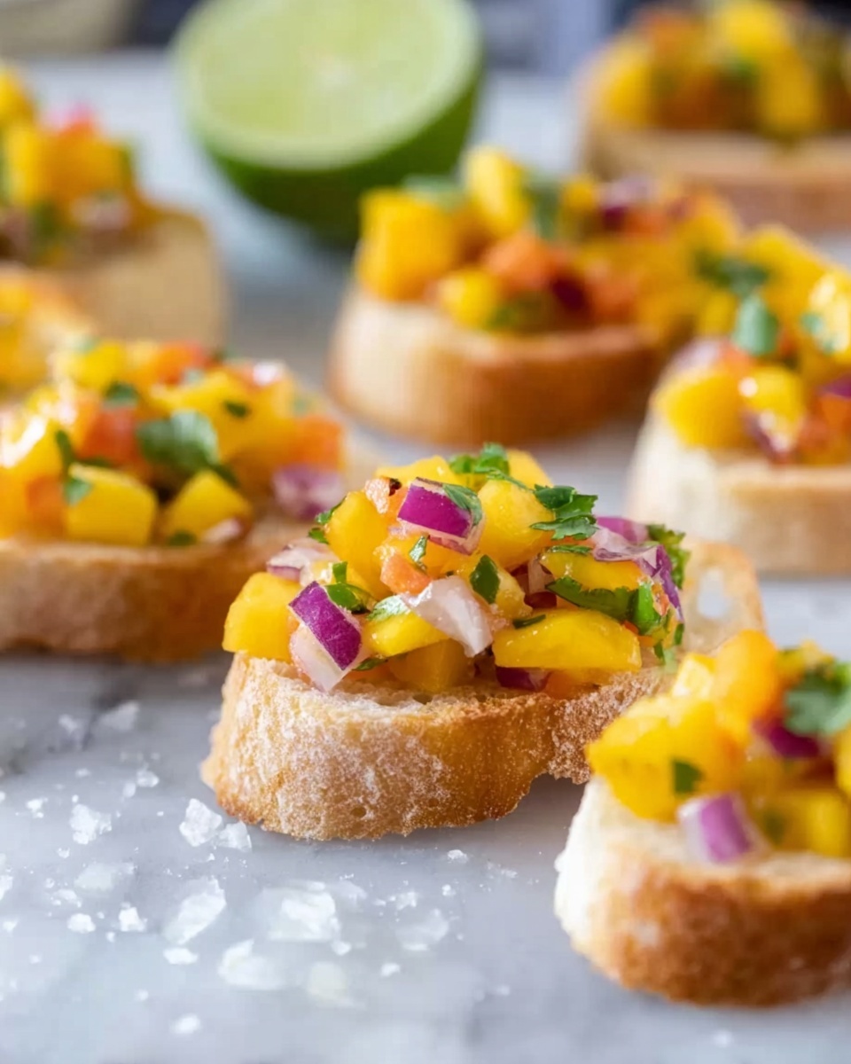 A clear glass bowl filled with a colorful mix of diced yellow mango, red bell peppers, and green herbs sits on a white marbled surface. Around the bowl, there are slices of toasted bread topped with the same mango mixture, showing a bright mix of yellow, red, and green on a golden brown crispy base. To the side, two halves of a squeezed lime and some slices of red bell pepper rest on the surface. The scene has a fresh, vibrant look with natural light shining on the food, emphasizing the textures and colors. Photo taken with an iphone --ar 4:5 --v 7