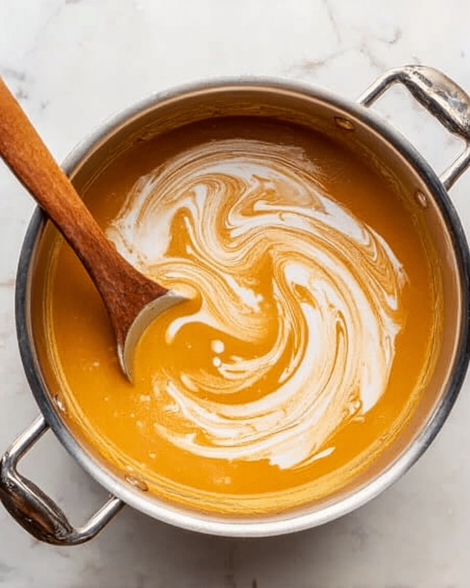 A shiny metal pot filled with rich, thick orange soup with cream swirled on top, creating a large white spiral pattern in the center. A wooden-handled spoon is stirring the soup, positioned on the left side of the pot. The pot sits on a white marbled surface, and the bright lighting highlights the smooth texture of the soup. photo taken with an iphone --ar 4:5 --v 7