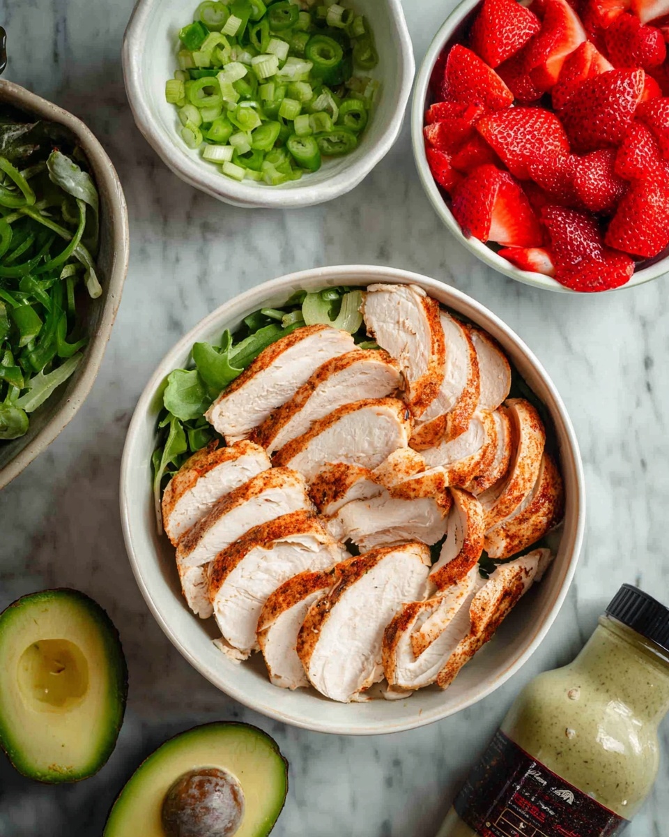 A white bowl is filled with neatly arranged slices of cooked chicken, showing a light brown outer layer and a white inside, forming two semicircle layers closely packed. Surrounding the bowl on a white marbled surface are four smaller white bowls: one containing bright red sliced strawberries, one with chopped green onions, and one partially visible bowl of leafy greens. Two avocado halves with their seeds removed show their creamy green interiors in front of the chicken bowl. A bottle of dressing is lying on its side near the strawberries, with a dark label and light green dressing inside. photo taken with an iphone --ar 4:5 --v 7