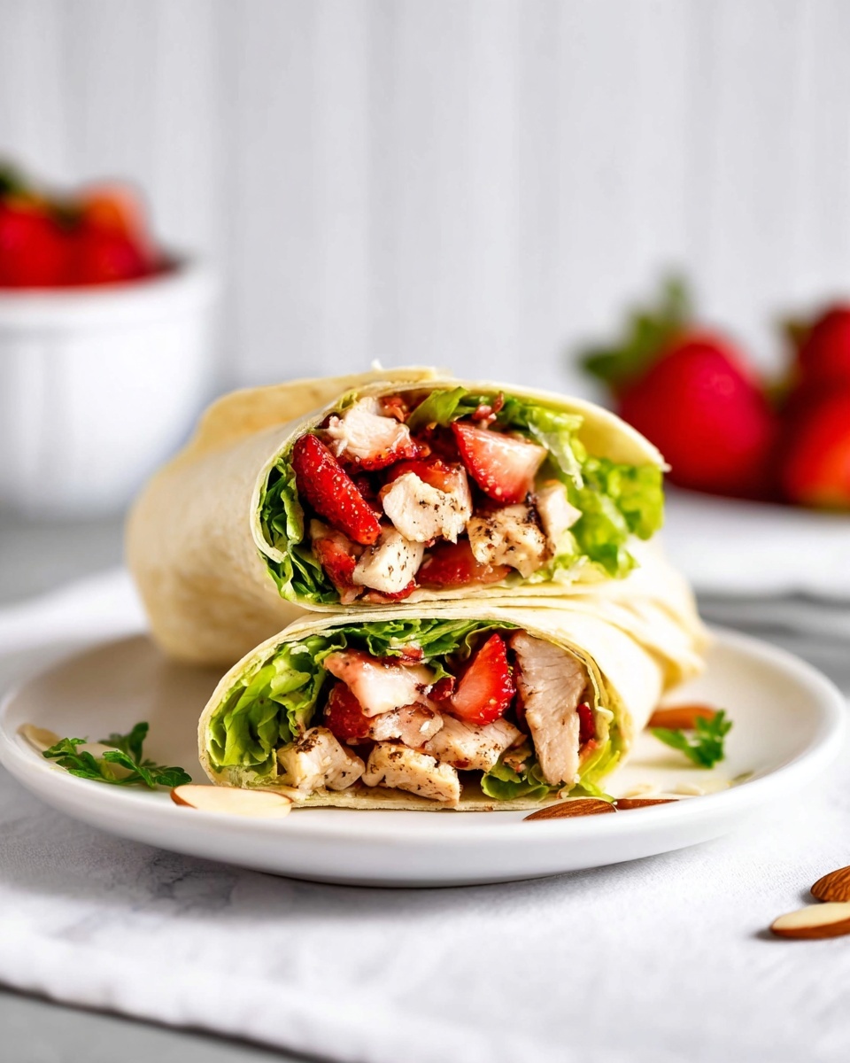 A close-up of two tortilla wraps stacked on a white plate with a white marbled surface beneath. Each wrap is cut in half and filled with four visible layers: light green lettuce at the bottom, bright red strawberry pieces next, golden-brown grilled chicken chunks on top, and small sliced almonds sprinkled inside. In the background, there is a square white bowl filled with more strawberry pieces, softly blurred. The scene has soft, natural lighting highlighting the fresh colors and textures. Photo taken with an iphone --ar 4:5 --v 7