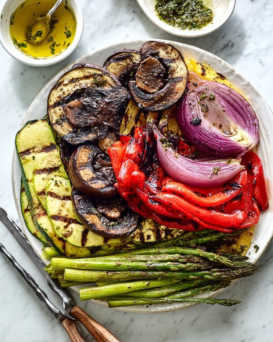 The image shows a white plate filled with a colorful mix of grilled vegetables arranged in layers. At the bottom, there are long, light green zucchini slices and green asparagus spears, slightly charred with grill marks. On top of those, there are slices of grilled eggplant with dark grill lines, alongside large grilled portobello mushrooms which are dark brown with deep texture. Layered over these are thick red onion rings with visible grill marks, and large roasted red bell peppers that look slightly wrinkled and shiny. The plate sits on a white marbled surface, with a small white bowl of herb oil and a wooden spoon nearby. A pair of metal tongs rests partially on the bottom edge of the plate. Photo taken with an iphone --ar 4:5 --v 7