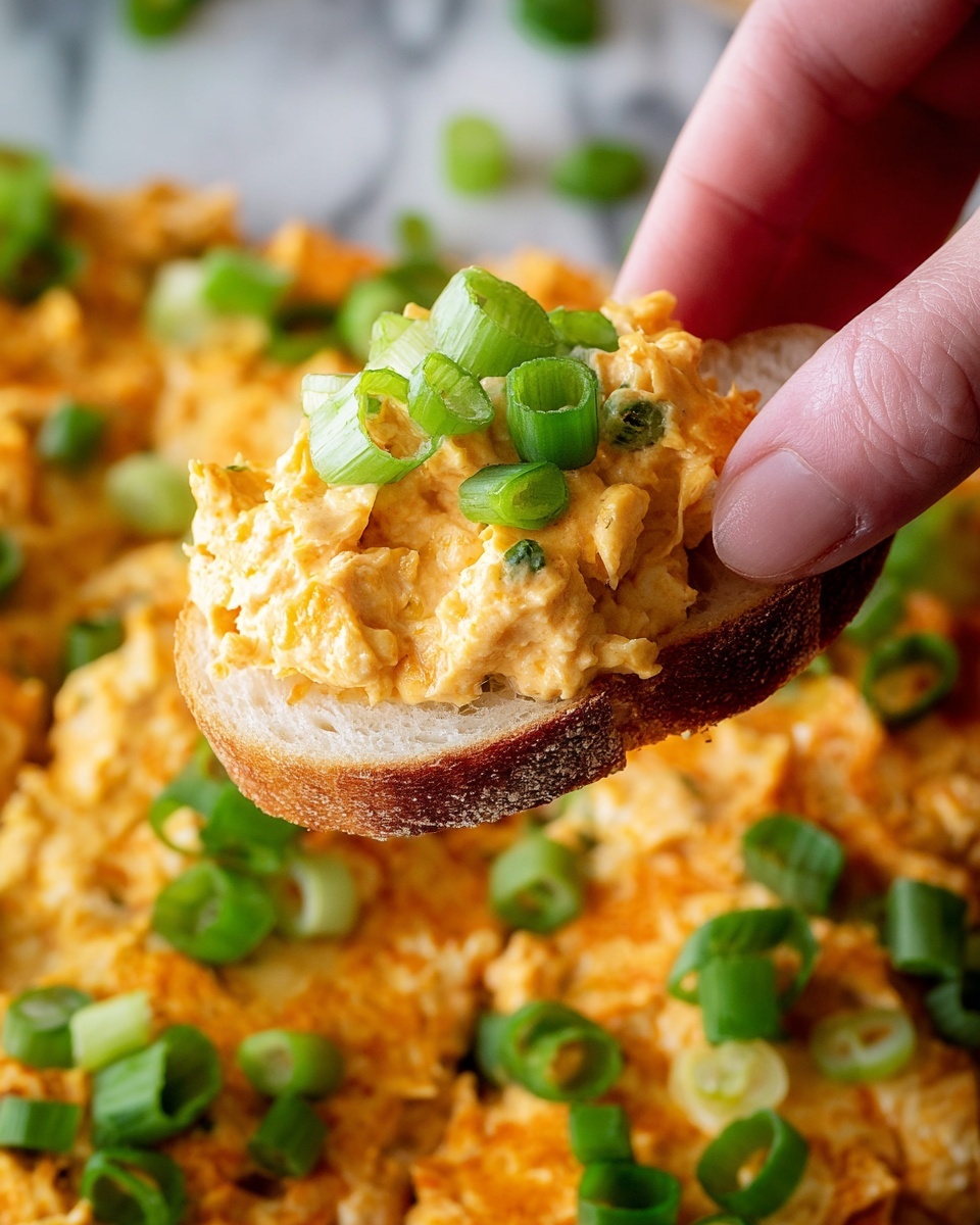 A close-up image of a woman's hand holding a small piece of round white bread topped with a thick, creamy orange cheese spread mixed with small bits of ingredients, garnished with bright green sliced scallions. The spread looks soft and rich, covering the bread fully, and the background shows more of the same orange cheese dip with green scallion slices scattered on top, all on a white marbled surface. Photo taken with an iphone --ar 4:5 --v 7
