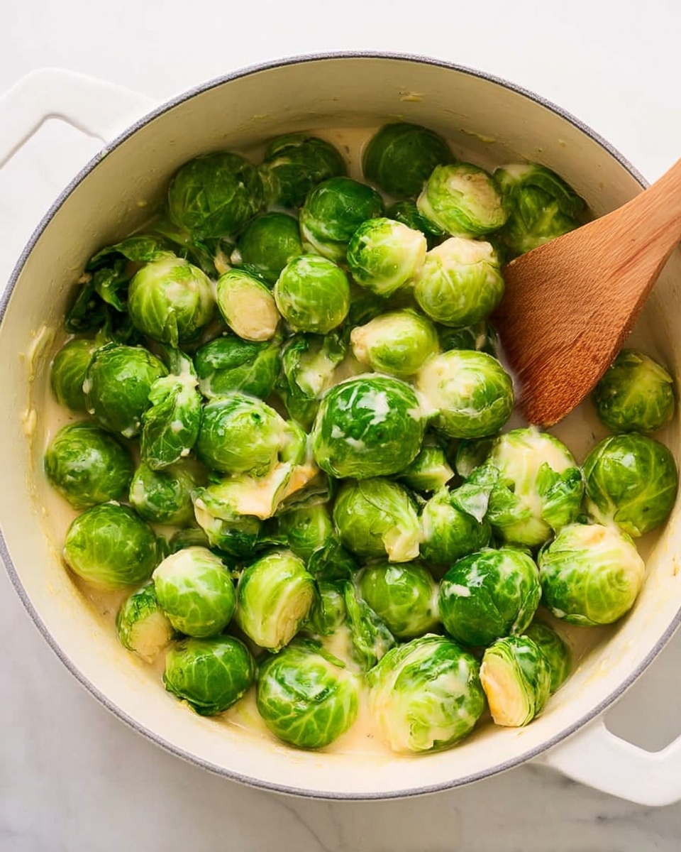 A white pot filled with bright green Brussels sprouts, some trimmed and some whole, layered densely across the pot. There is a light creamy sauce visible between the Brussels sprouts, adding a slightly glossy texture to the mix. A wooden spoon is stirring the vegetables from the right side, with its golden brown color contrasting the greens and cream. The pot sits on a white marbled surface, giving a clean and fresh background to the vibrant dish. photo taken with an iphone --ar 4:5 --v 7