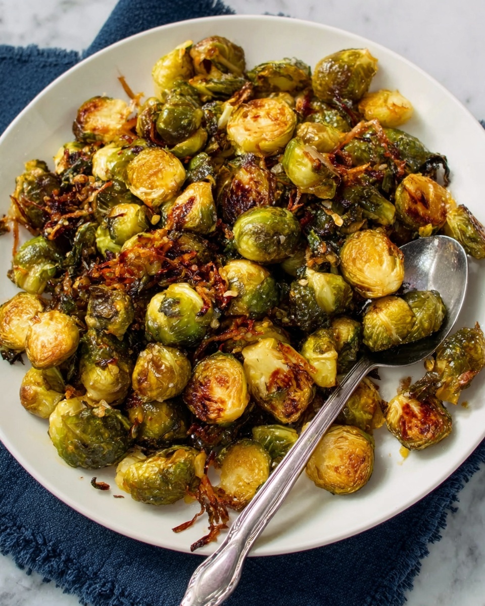 A white plate filled with roasted Brussels sprouts, showing a mix of green and golden brown colors from caramelization. The Brussels sprouts are cut into halves and scattered evenly, some with crispy edges, creating a textured and inviting look. A silver spoon rests on the plate, partially submerged in the sprouts, with a dark blue cloth underneath the plate. The background is a white marbled surface. photo taken with an iphone --ar 4:5 --v 7