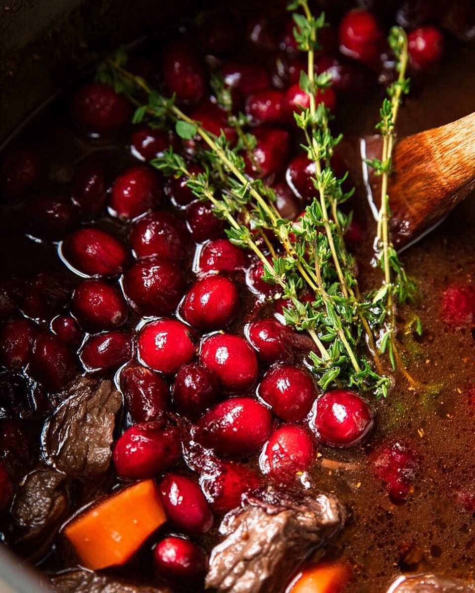 The image shows a close-up of a stew in a pot, filled with bright red cranberries floating on top of a rich brown broth. Beneath the cranberries are chunks of tender brown meat and slices of orange carrots partly submerged in the liquid. Sprigs of fresh green thyme stand upright, adding a leafy texture and color contrast to the mix. A wooden spoon with a brown handle is partially visible in the broth, resting to one side. The overall look is warm and hearty, focused on deep red, brown, and green colors. photo taken with an iphone --ar 4:5 --v 7