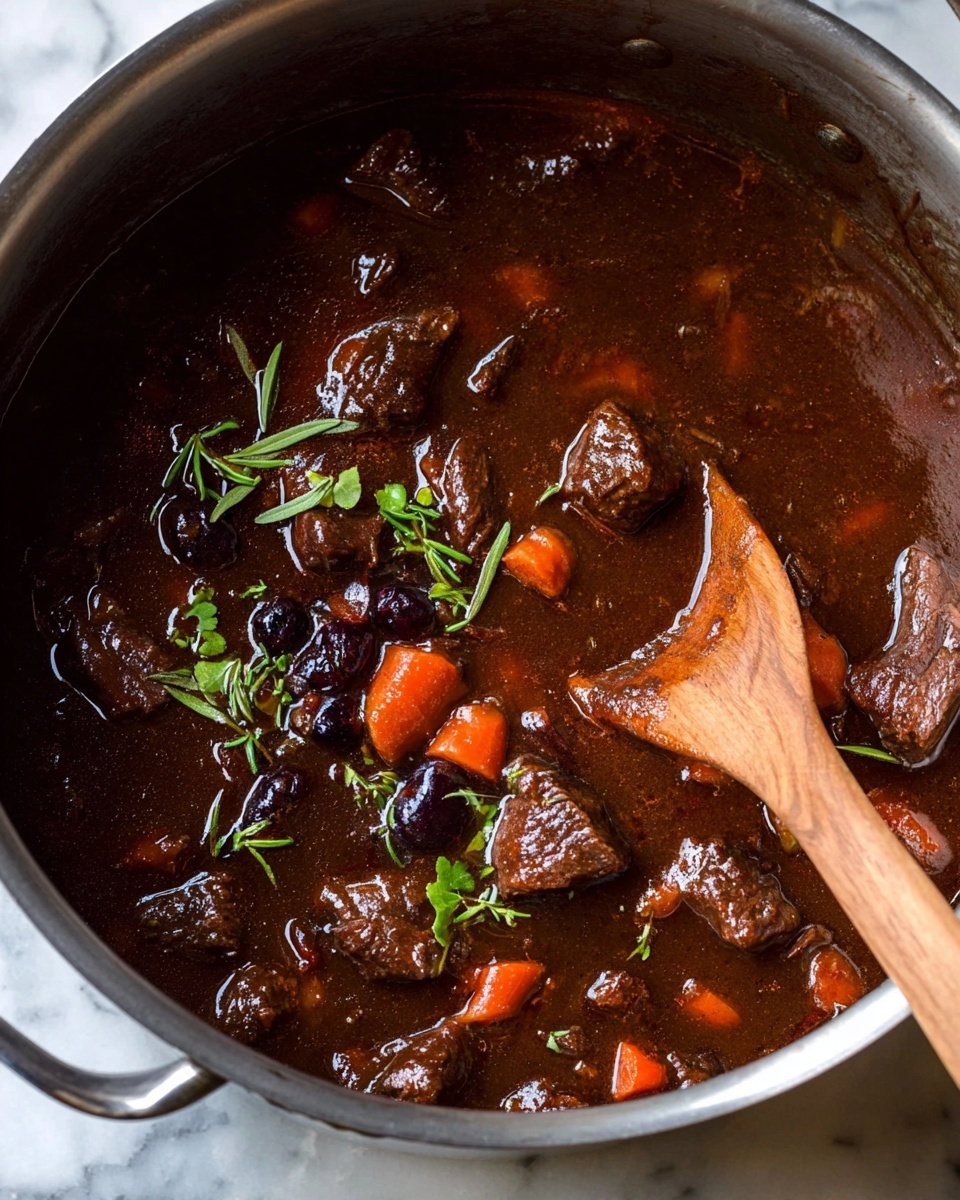 The image shows a large metal pot filled with a dark brown stew. The stew has several thick chunks of meat mixed with small, bright orange carrot pieces and a few whole dark berries scattered throughout. Fresh green herb leaves are sprinkled on top, adding some color contrast. A wooden spoon is partially submerged in the stew, resting to the right side of the pot, showing the thick, rich texture of the sauce. The pot sits on a white marbled surface. photo taken with an iphone --ar 4:5 --v 7