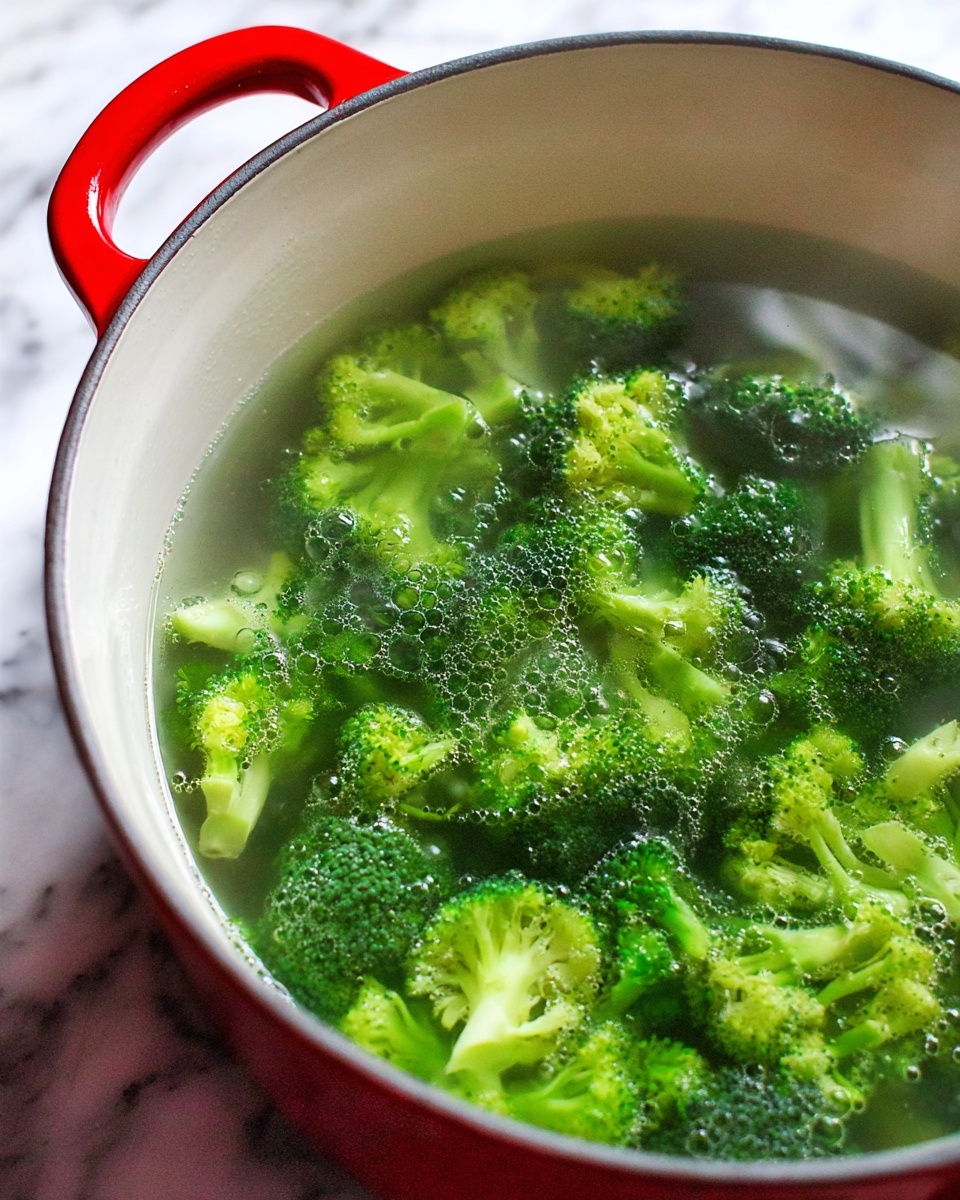 A close-up view of bright green broccoli florets boiling in clear water inside a white cast iron pot with red handles, showing bubbles and steam rising from the water, with the pot resting on a white marbled surface photo taken with an iphone --ar 4:5 --v 7