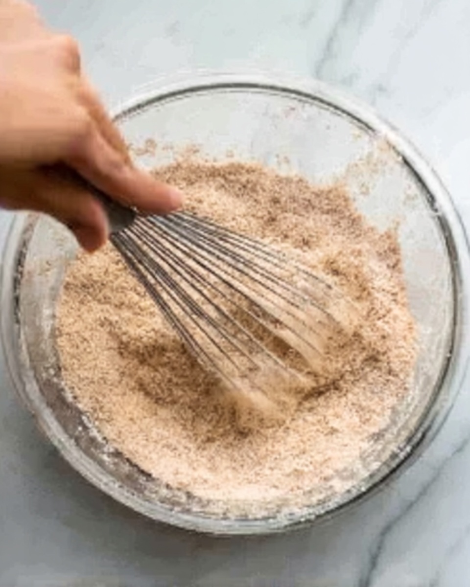 The image shows a clear glass bowl filled with light brown dry ingredients being stirred with a metal whisk held by a woman's hand. The mixture has a powdery texture and is slightly clumped in some areas. The bowl sits on a white marbled surface, and some parts of the whisk are partly submerged in the powder. Photo taken with an iphone --ar 4:5 --v 7