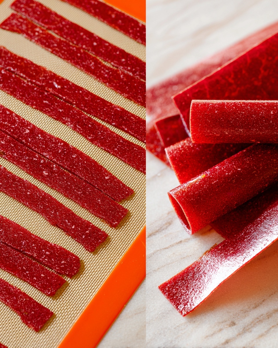The image shows thin, bright red fruit leather strips laid flat in even rows on a tan silicone baking mat with a small part of an orange edge visible. Beside this, the same red fruit leather strips are placed on a white marbled surface, with one strip partially rolled to show its thin and slightly shiny texture, revealing a lighter inner side compared to the bright red outer side. The fruit leather has a smooth, shiny finish with tiny dots of texture inside. photo taken with an iphone --ar 4:5 --v 7