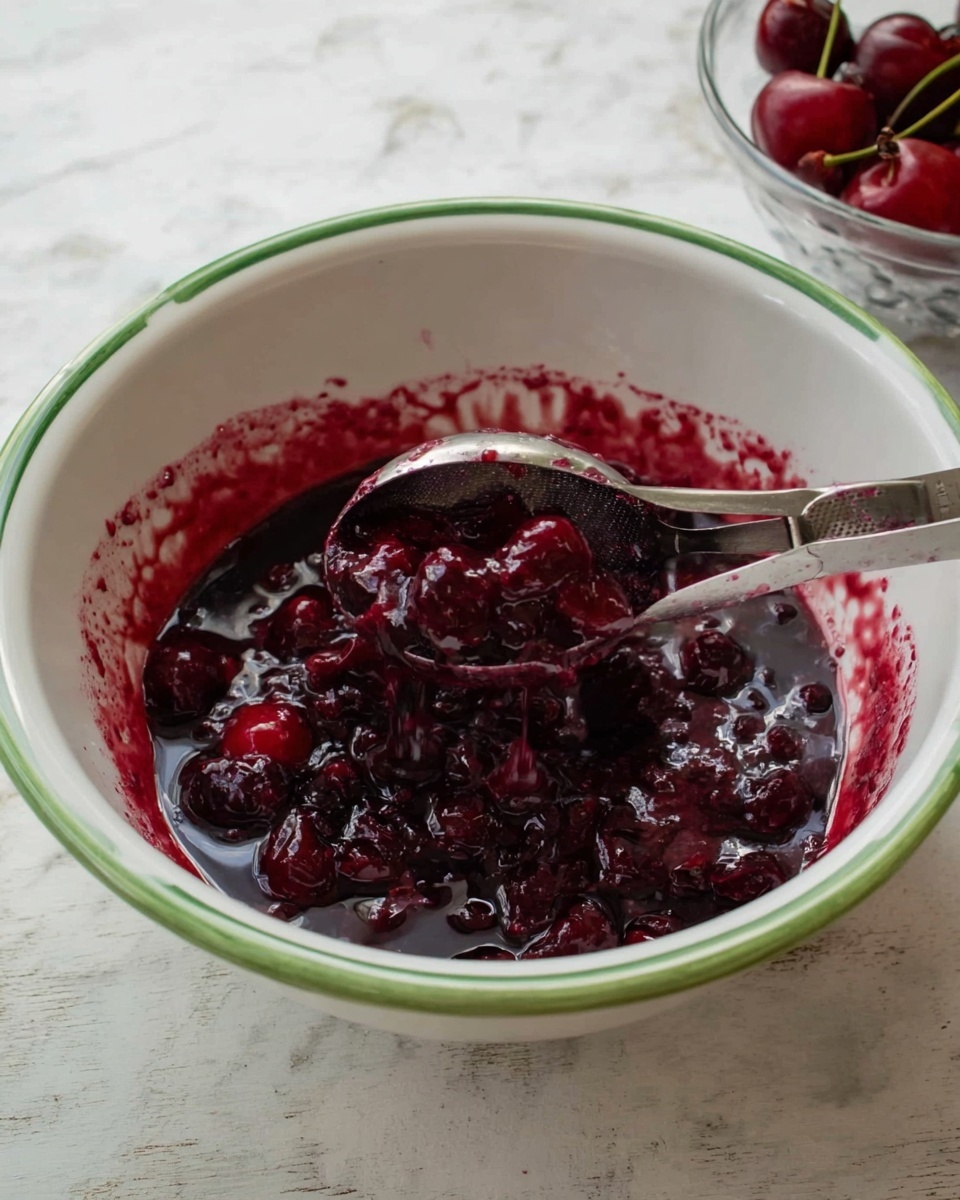 A white bowl with a thin green line near the rim contains dark red fruit being mashed, creating a mix of liquid and chunky textures with shiny, wet surfaces. A metal masher presses into the fruit from above, with some fruit clinging to its edges. The bowl sits on a white marbled surface, and a glass bowl with cherries is partially visible in the background on the right. Photo taken with an iphone --ar 4:5 --v 7