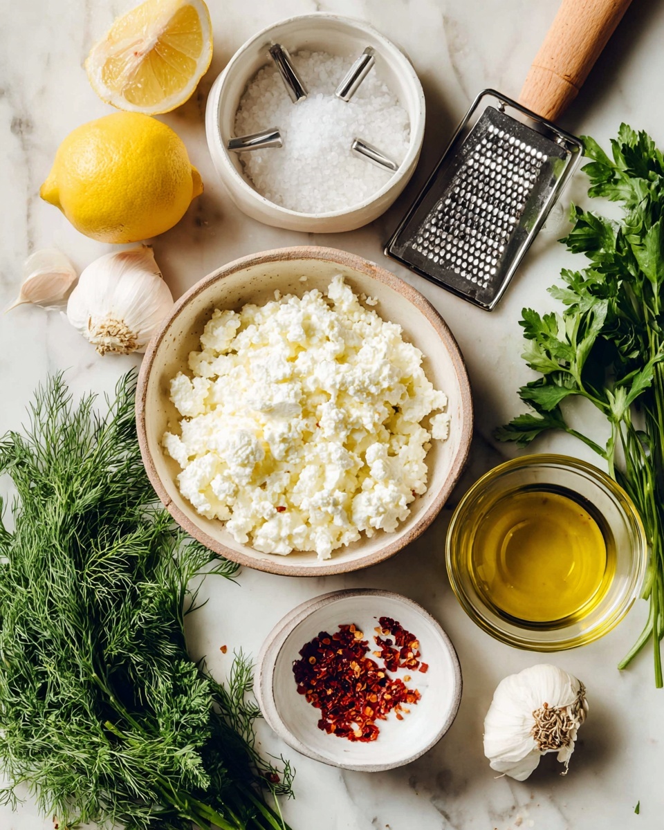 A round bowl sits at the bottom right filled with white cottage cheese showing small and soft curds. Above it to the right, a small clear glass bowl holds a golden-yellow liquid, likely olive oil. Next to it is another small clear bowl filled with coarse white salt. A fresh bunch of green herbs, including dill and parsley, is placed at the top right and bottom left corners. Above the cottage cheese is a metal grater with a light brown wooden handle laying horizontally. At the top left, a lemon juicer with a lemon half inside and a whole bright yellow lemon beside it are shown. To the left side, a white bowl holds red dried chili flakes alongside a few garlic cloves scattered nearby. All items are set on a white marbled surface photo taken with an iphone --ar 4:5 --v 7