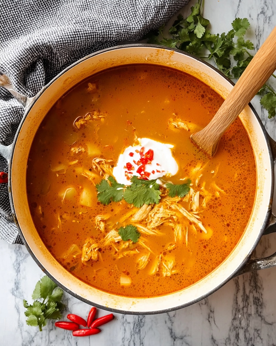 A large white pot filled with thick orange soup with visible chunks of shredded chicken and small potato pieces floating near the top. In the center, there is a dollop of white cream topped with small red chili pieces and green cilantro leaves. A wooden spoon rests inside the pot on the right side, partially submerged in the soup. The pot is on a white marbled surface, with a folded gray and white checkered cloth near the top left and some red chili peppers and green cilantro scattered near the top right. Photo taken with an iphone --ar 4:5 --v 7