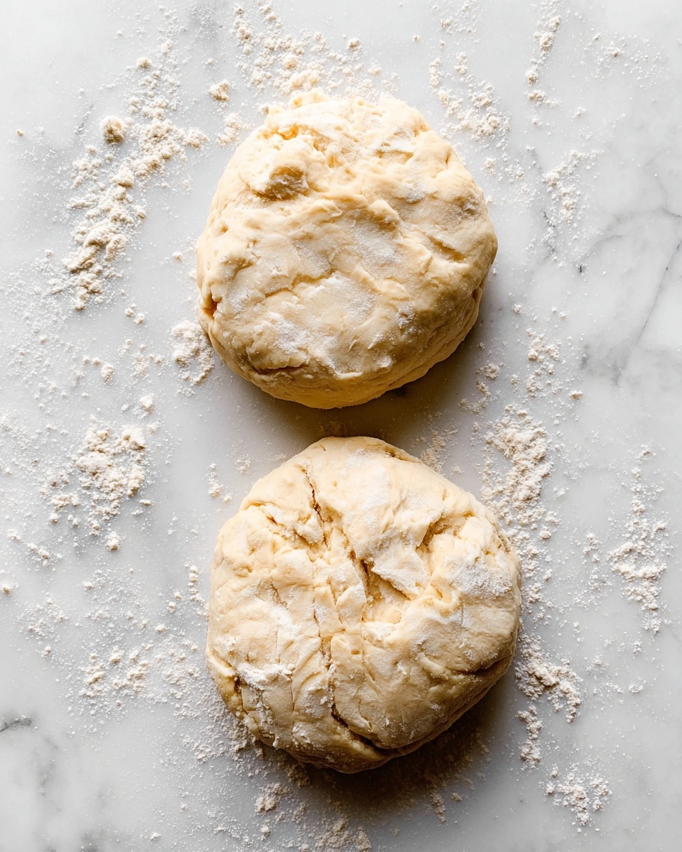 Two round dough balls sit on a white marbled surface with scattered white flour around them. The dough appears soft and slightly uneven with a light beige color mixed with patches of white, showing a flaky texture. The top dough ball is more flattened and smoother, while the bottom one is thicker with visible folds and cracks. The lighting highlights the dough's soft texture and uneven surface, giving a fresh, homemade feel. photo taken with an iphone --ar 4:5 --v 7