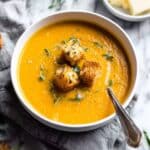 Baked Sweet Potato and Carrot Soup with Cheddar Potato Skin Croutons Recipe