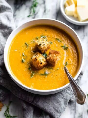 Baked Sweet Potato and Carrot Soup with Cheddar Potato Skin Croutons Recipe