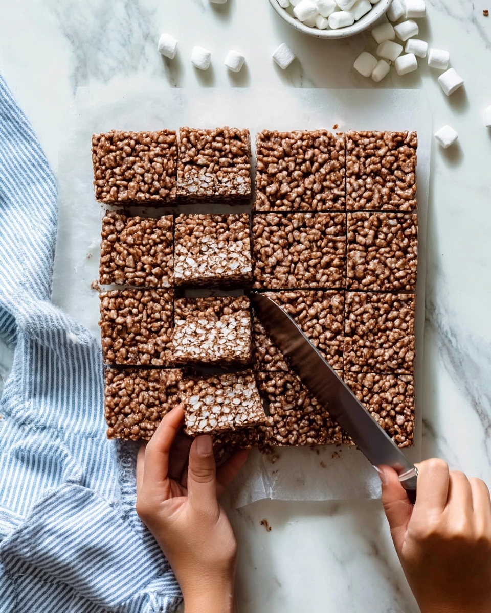 A large square-shaped chocolate puffed rice treat is placed on a white marbled surface. It is cut into ten rectangular bars with visible light and dark brown puffed rice pieces tightly packed together, giving a crunchy texture. A woman's left hand holds the treat on one corner while a woman's right hand uses a large knife to slice the bars. There is a light blue and white striped cloth partially under the treat. A few scattered puffed rice pieces and mini white marshmallows are visible on the surface around the treat. Photo taken with an iphone --ar 4:5 --v 7