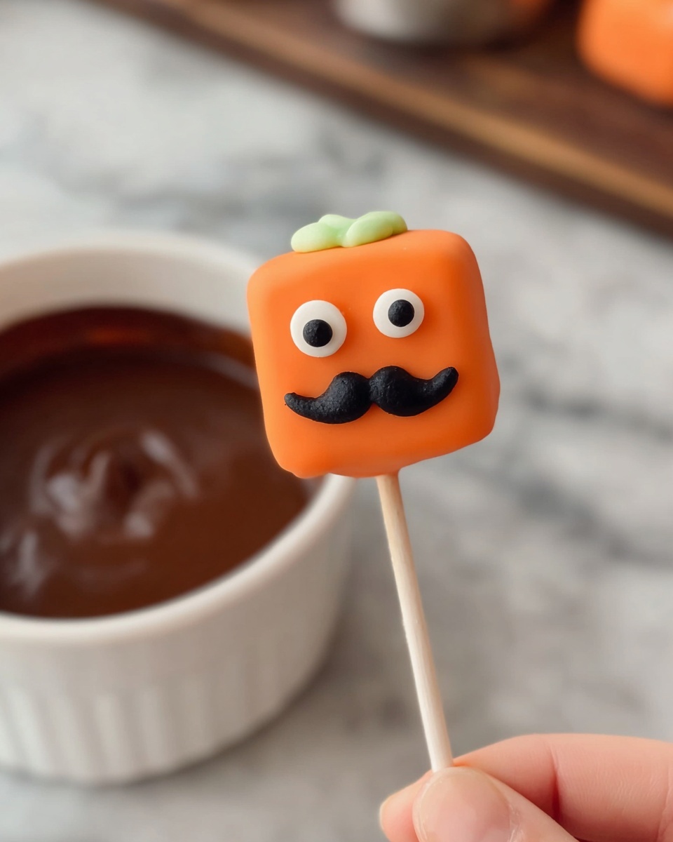 Spooky Marshmallow Pops Recipe 5 A small square-shaped treat on a white stick is covered in smooth bright orange coating. On top, it has a small patch of light green icing resembling hair. Two round white candy eyes with black centers are placed on the front, and a thin curved black mustache is being painted on below the eyes with the tip of a wooden stick held by a woman's hand. In the background, there is a white bowl filled with thick dark brown chocolate sauce, set on a white marbled surface. Photo taken with an iphone --ar 4:5 --v 7