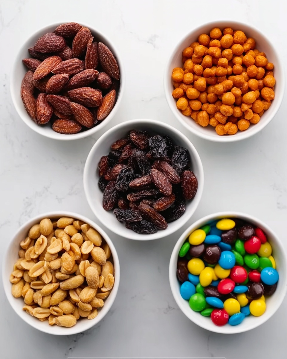 Five white bowls arranged on a white marbled surface, each filled with a different snack. The top left bowl holds shiny dark brown almonds with a rough texture. The top right bowl is full of small, round, orange coated nuts. The bottom left bowl contains light golden peanuts with a smooth surface. The bottom center bowl has dark, wrinkled raisins. The bottom right bowl is filled with colorful small candy pieces in red, yellow, green, blue, and brown. photo taken with an iphone --ar 4:5 --v 7