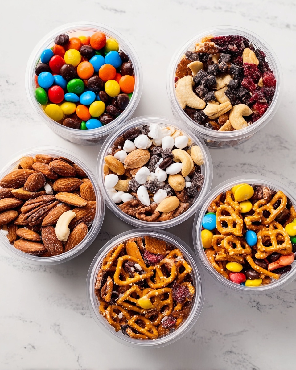 Five clear round containers filled with different snack mixes are arranged on a white marbled surface. The top left container has a mix of colorful candy-coated chocolates in red, orange, yellow, green, blue, and brown, mixed with roasted almonds and cashews, showing a rough texture. The top right container shows a mix of toasted cashews, dark and white chocolate chips, red dried cranberries, and roasted peanuts, creating a mix of orange, dark brown, white, and deep red colors. The bottom left container contains roasted almonds with a sugary coating, white yogurt-covered raisins, and cashews, giving a mix of brown, white, and tan colors with a crunchy texture. The bottom right container has mini pretzels, colorful candy-coated chocolates in orange, yellow, brown, dark chocolate chips, and peanuts, with a mix of shapes and smooth to rough textures in orange, yellow, brown, and black shades. The center container shows roasted almonds with a sugary coating mixed with chunks of dried orange peel and white coconut flakes, creating a rough-textured mix in shades of brown, white, and orange. photo taken with an iphone --ar 4:5 --v 7