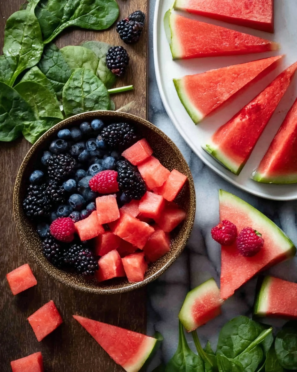 A top view of a bowl filled with mixed berries and small red melon cubes; the bowl shows a textured brown outer surface and contains layers of blueberries, blackberries, raspberries, and red melon cubes on top. Surrounding the bowl on a dark wooden table are fresh green spinach leaves scattered around, along with extra pieces of red melon cubes and berries. On the top right side, a white plate holds seven large triangular slices of red watermelon with green rinds, arranged in a neat row; one single raspberry rests beside the watermelon slices. The whole scene is set against a white marbled texture background. photo taken with an iphone --ar 4:5 --v 7