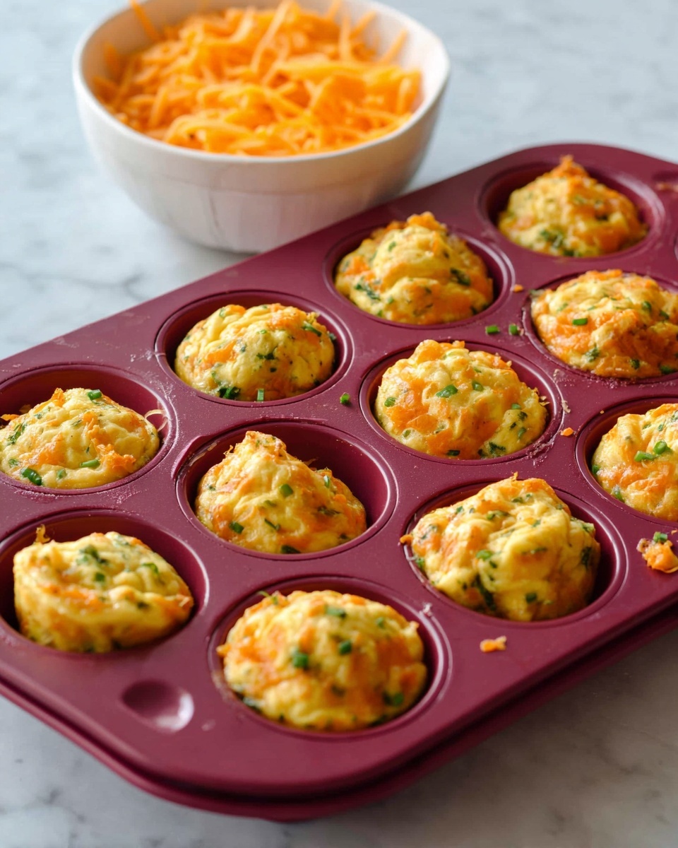 A maroon muffin tray holds 12 small baked muffins, each puffed up with a golden-yellow color and scattered pieces of green herbs and orange cheese visible inside. The muffins fill each round cup almost to the top with uneven, slightly rough textures on their surface, showing melted cheese and bits of vegetables. Behind the tray, slightly blurred, there is a white bowl filled with shredded orange cheese on a white marbled surface. The overall scene is bright with soft lighting. Photo taken with an iphone --ar 4:5 --v 7