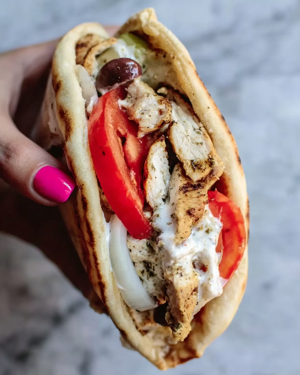 A woman's hand with bright pink nail polish holds a sandwich wrapped in soft pita bread. Inside, there are layers of grilled light brown chicken pieces, creamy white sauce, sliced red tomatoes, thin slices of white onions, and a few dark brown olives. The pita bread is lightly toasted with a soft texture. The background is a white marbled surface. photo taken with an iphone --ar 4:5 --v 7