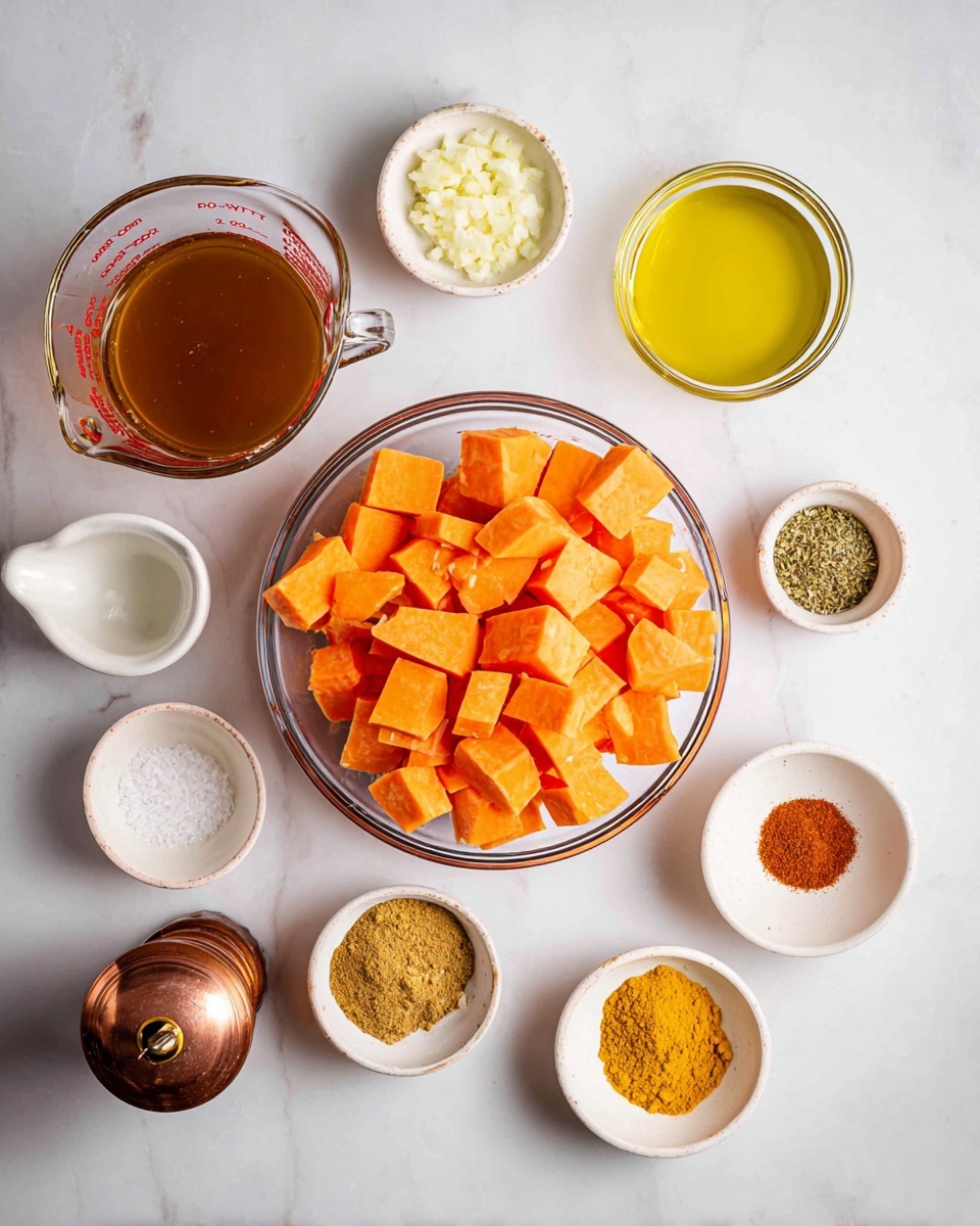 The image shows a top view of different cooking ingredients arranged neatly on a white marbled surface. In the center, there is a clear glass bowl filled with bright orange cubed sweet potatoes. Above it to the left, a glass measuring cup holds brown liquid. Around the sweet potatoes are small white bowls with various spices and seasonings: minced white onions, yellow ground mustard, garlic paste, curry powder, ground cinnamon, and chili powder. There is also a small white cup with olive oil and a wooden bowl with coarse salt. A copper pepper grinder is seen at the bottom left. The layout is clean and colorful, highlighting the fresh and dry ingredients photo taken with an iphone --ar 4:5 --v 7