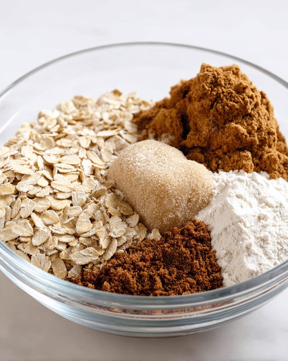A clear glass bowl contains six different ingredients arranged in small piles. On the left, there is a pile of small, light beige rolled oats. To the right of the oats, there is a mound of white baking soda. Next to it, slightly behind, is a reddish-brown pile of cinnamon powder. On the front right side, there is a heap of white flour with a soft, powdery texture. Behind the flour, there is a rounded clump of light brown sugar with a grainy texture. In front of the brown sugar, there is a dark brown mound of packed brown sugar, showing a dense and crumbly texture. All ingredients sit on a white marbled surface. Photo taken with an iphone --ar 4:5 --v 7