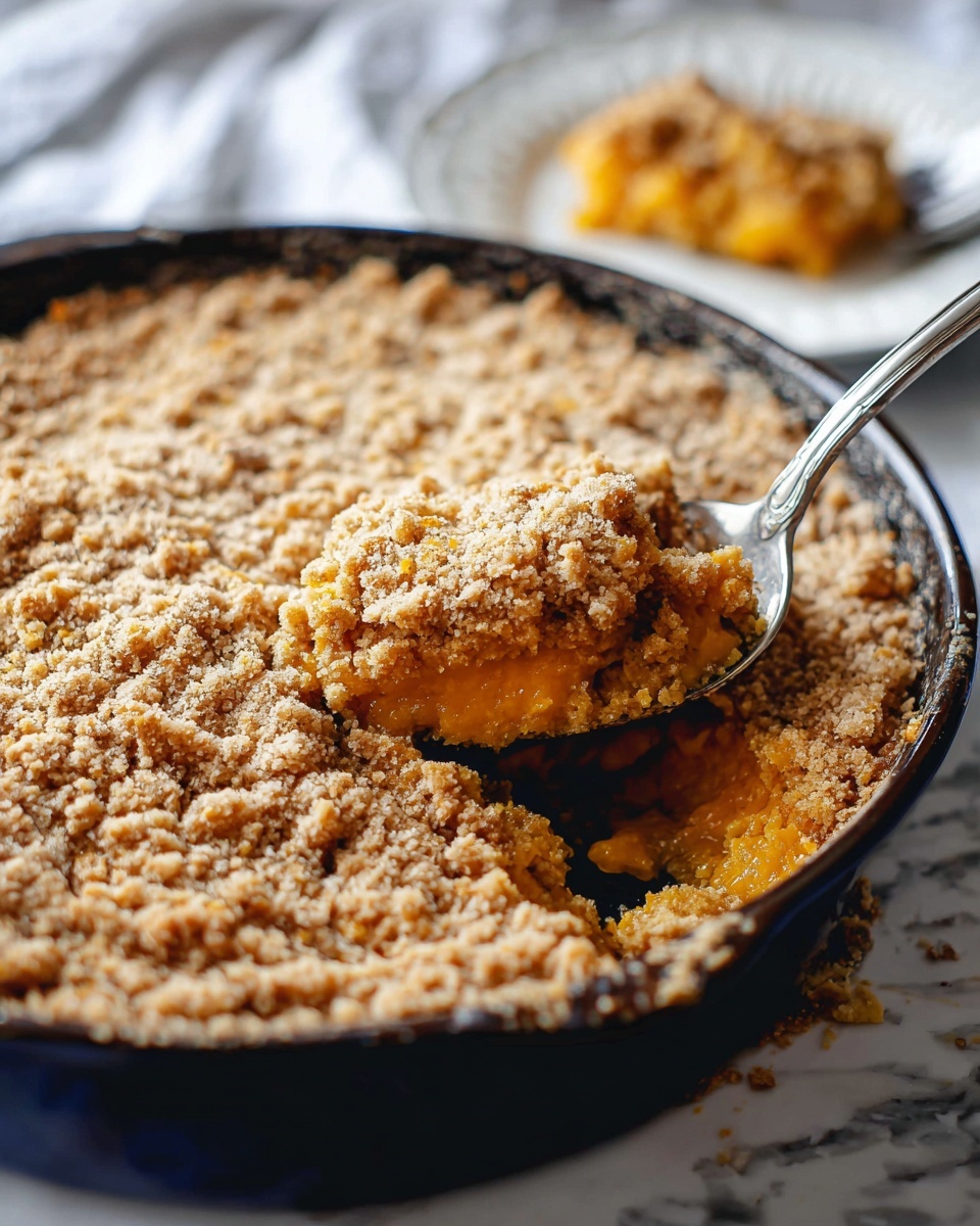 This image shows a round dessert in a dark baking pan with a crumbly top layer that is golden brown and textured with small chunks, covering an orange-colored soft layer beneath. A spoon is digging into the dessert, lifting a piece that reveals the moist, smooth orange layer under the crunchy top. The dessert sits on a white marbled surface, and part of a small white plate with a piece of the dessert is visible in the background. Photo taken with an iphone --ar 4:5 --v 7