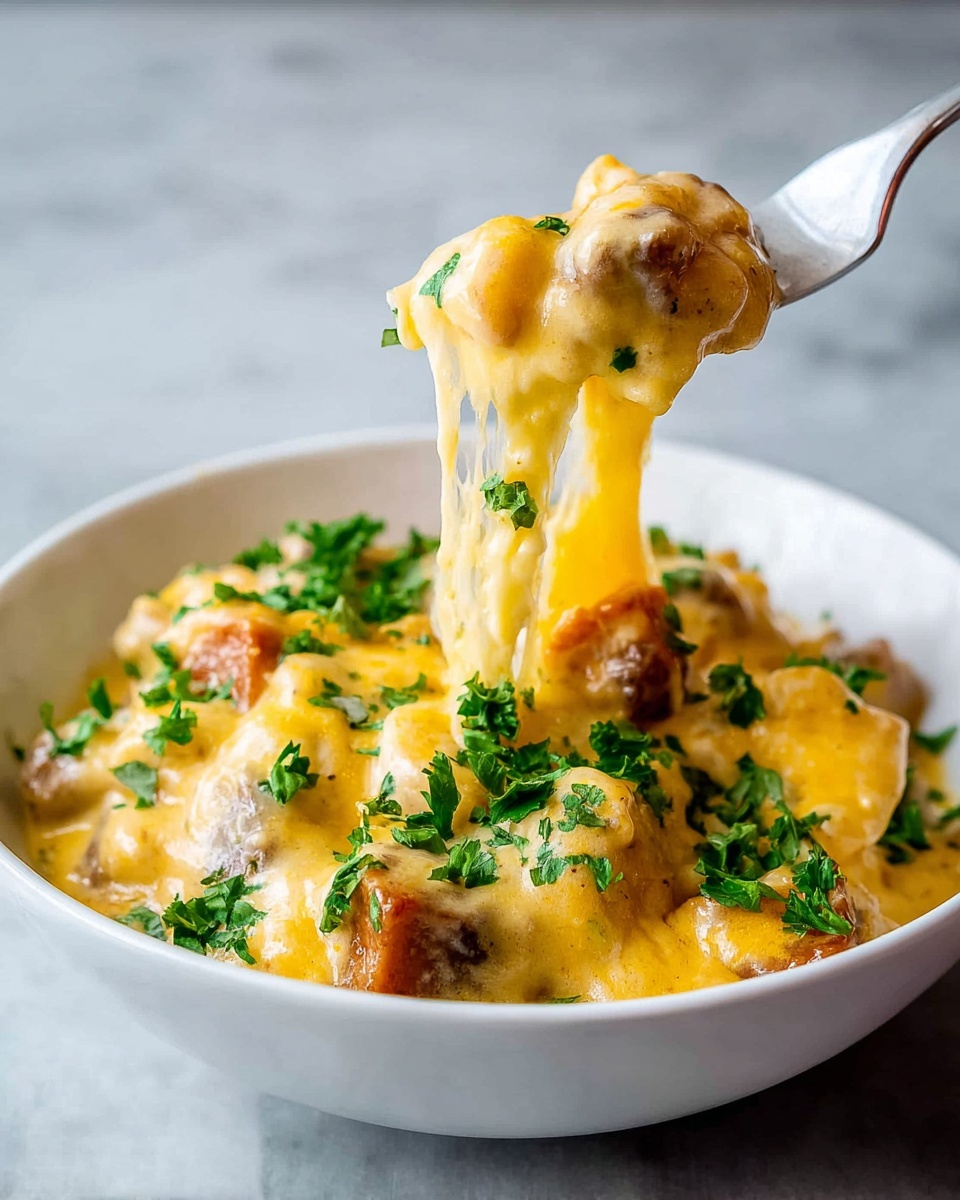 A white bowl filled with a thick, creamy yellow cheese sauce mixed with chunks of brown meat and small orange pieces. The top layer is covered with melted cheese that stretches up to a silver fork lifting a portion of the dish, with fresh green parsley leaves scattered on top and around the bowl. The background and surface show a soft white marbled texture. photo taken with an iphone --ar 4:5 --v 7