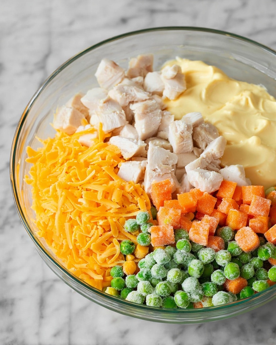 A clear glass bowl on a white marbled surface holds five distinct layers of food placed side by side. The top right layer consists of light yellow mayonnaise with a smooth, creamy texture. Next to it, towards the center top, are small white cubes of cooked chicken with a slightly rough texture. Below the chicken, in the bottom center, is a pile of shredded bright orange cheddar cheese with a soft, thin texture. The bottom right shows a mix of frozen bright green peas and orange carrot cubes covered lightly with frost, giving them a slightly textured look. photo taken with an iphone --ar 4:5 --v 7