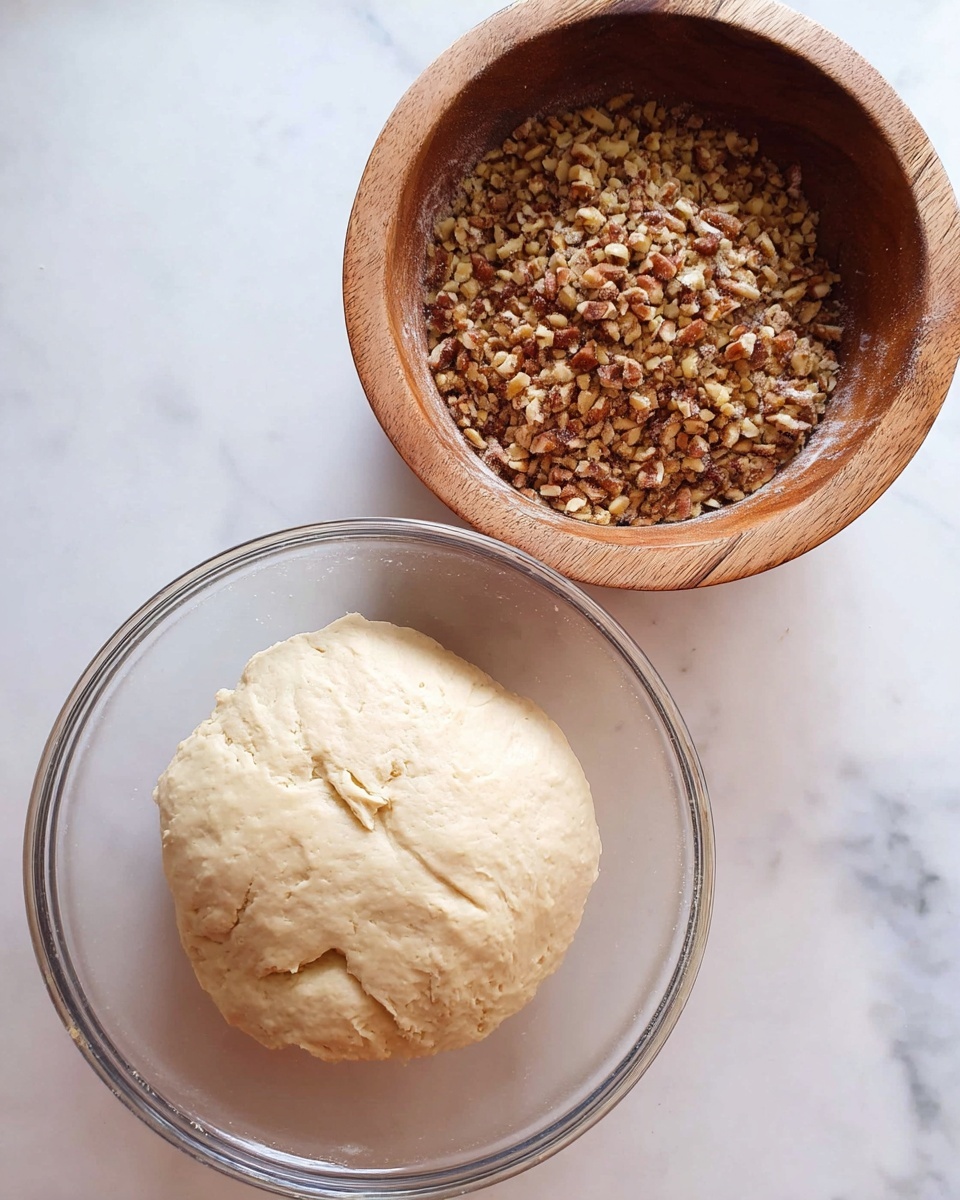 The image shows two bowls placed on a white marbled surface; the front bowl is clear glass and holds a ball of pale beige dough with a soft, slightly cracked texture and some visible fold marks on top, while the back bowl is wooden and filled with finely chopped brown and tan nuts, creating a rough, textured layer. photo taken with an iphone --ar 4:5 --v 7
