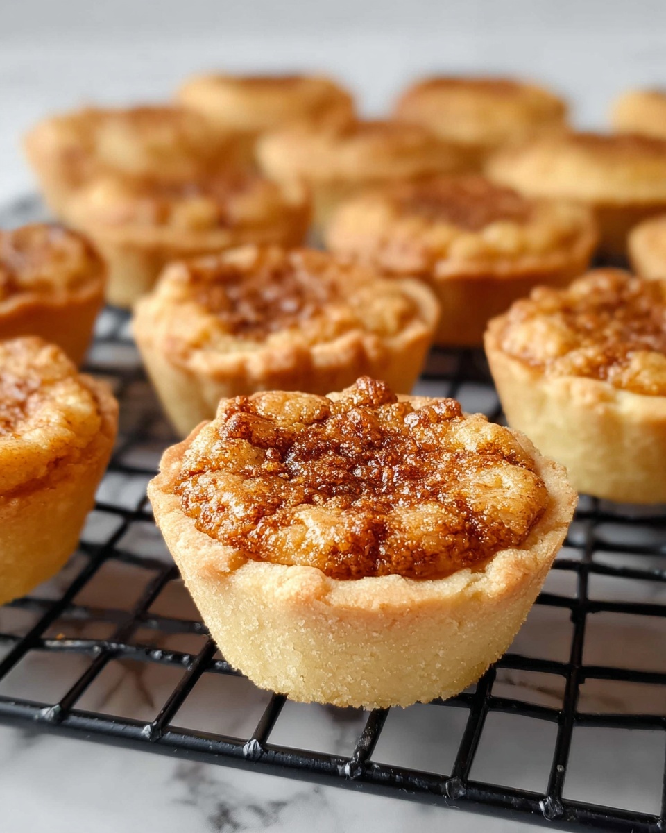 A close-up view of many small tarts placed on a dark metal cooling rack over a white marbled surface. Each tart has two layers: the bottom layer is a light golden, crumbly crust with soft, slightly uneven edges, and the top layer is a textured, cracked, caramel-brown filling that looks slightly crisp and bubbly. The tarts are arranged in neat rows, with the focus on the front tart, showing clear details of its color and texture, while the background tarts gradually blur. photo taken with an iphone --ar 4:5 --v 7