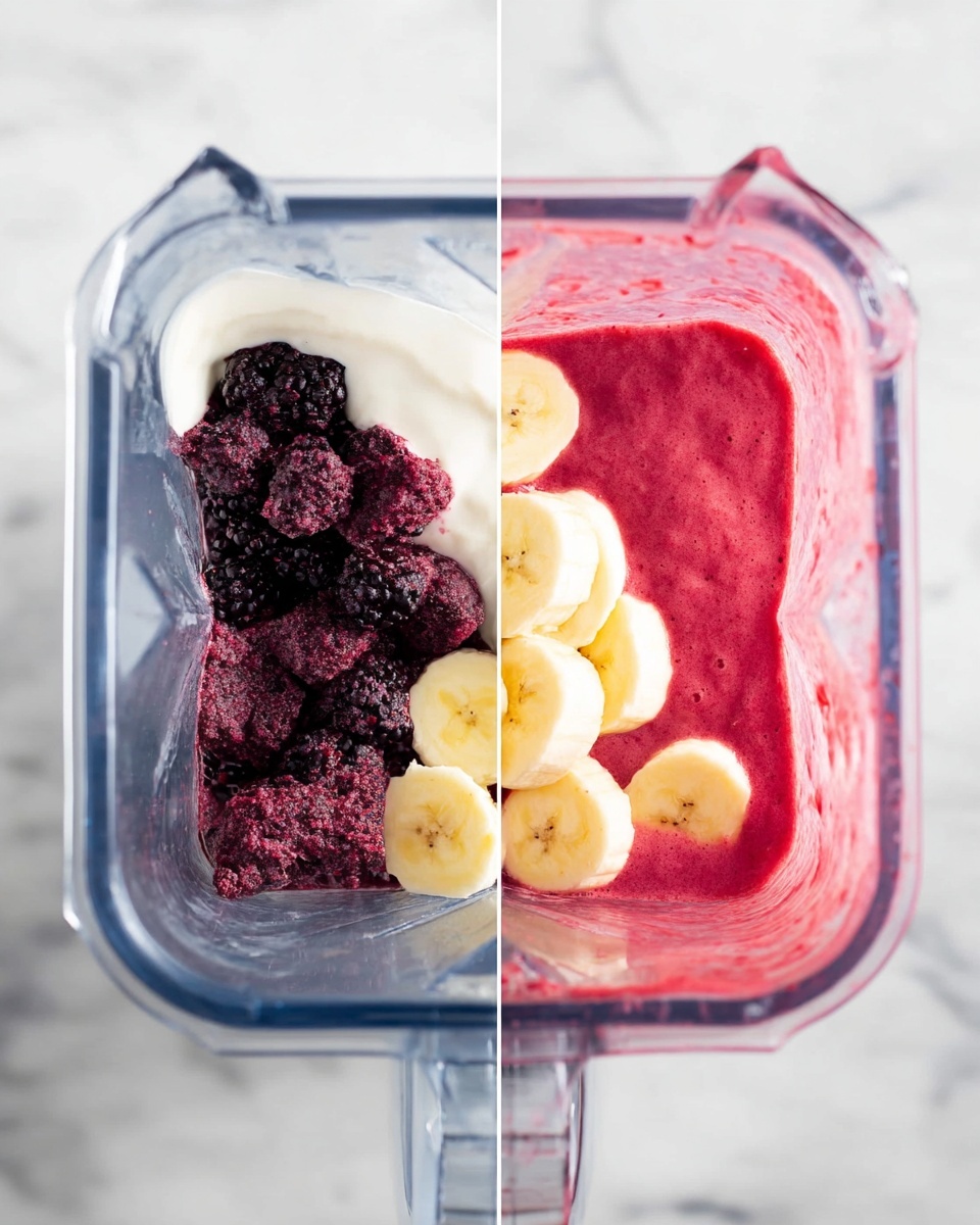 A clear blender container is shown in two images side by side. On the left, inside the blender are three visible layers: at the bottom are dark purple-black frozen blackberries with a rough texture, topped with a smooth white creamy yogurt layer on the right side, and several sliced yellow banana pieces arranged diagonally across the middle. On the right, the blender now holds a smooth thick blend of bright pink and red smoothie, covering the entire inside bottom and sides. The background shows a white marbled texture. photo taken with an iphone --ar 4:5 --v 7