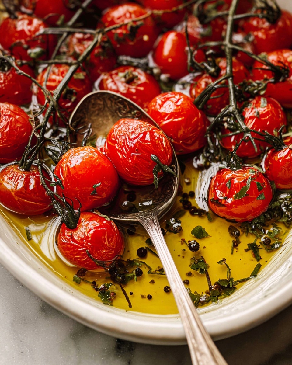 A close-up image shows a white bowl filled with shiny red cherry tomatoes still on their green vine, lightly wrinkled from roasting. The tomatoes rest partially submerged in golden olive oil, which has scattered small green herbs and black peppercorns floating on the oily surface. An ornate silver spoon lies in the bowl, holding some tomatoes and adding a vintage feel. The scene has a soft texture with the natural details of the tomatoes, herb sprigs, and the metal spoon against the smooth white marbled surface below. photo taken with an iphone --ar 4:5 --v 7
