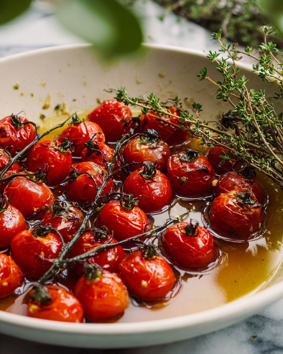 A white bowl filled with roasted cherry tomatoes still on the dark green vine, covered in a light golden oil with some small green herb sprigs on top. The tomatoes have a shiny, soft texture with some skins slightly cracked. The bowl is placed on a white marbled surface with a few blurred green herbs visible in the foreground and background. photo taken with an iphone --ar 4:5 --v 7