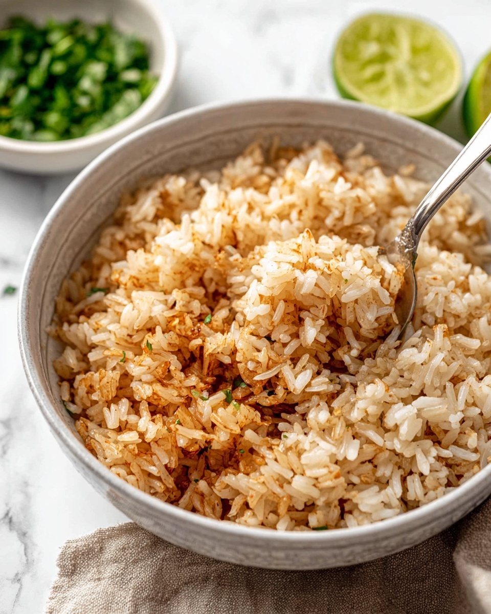 The image shows a close-up of a bowl filled with cooked rice that has a mix of light brown and white grains, giving it a slightly toasted look. The rice has a slightly shiny and soft texture, with some grains clumped together. A silver spoon is placed inside the bowl, scooping up a portion of the rice. The bowl is white with a subtle grayish pattern inside, and it sits on a beige cloth on a white marbled surface. In the background, there is a small white bowl filled with chopped green herbs and a halved lime, both slightly out of focus. Photo taken with an iphone --ar 4:5 --v 7