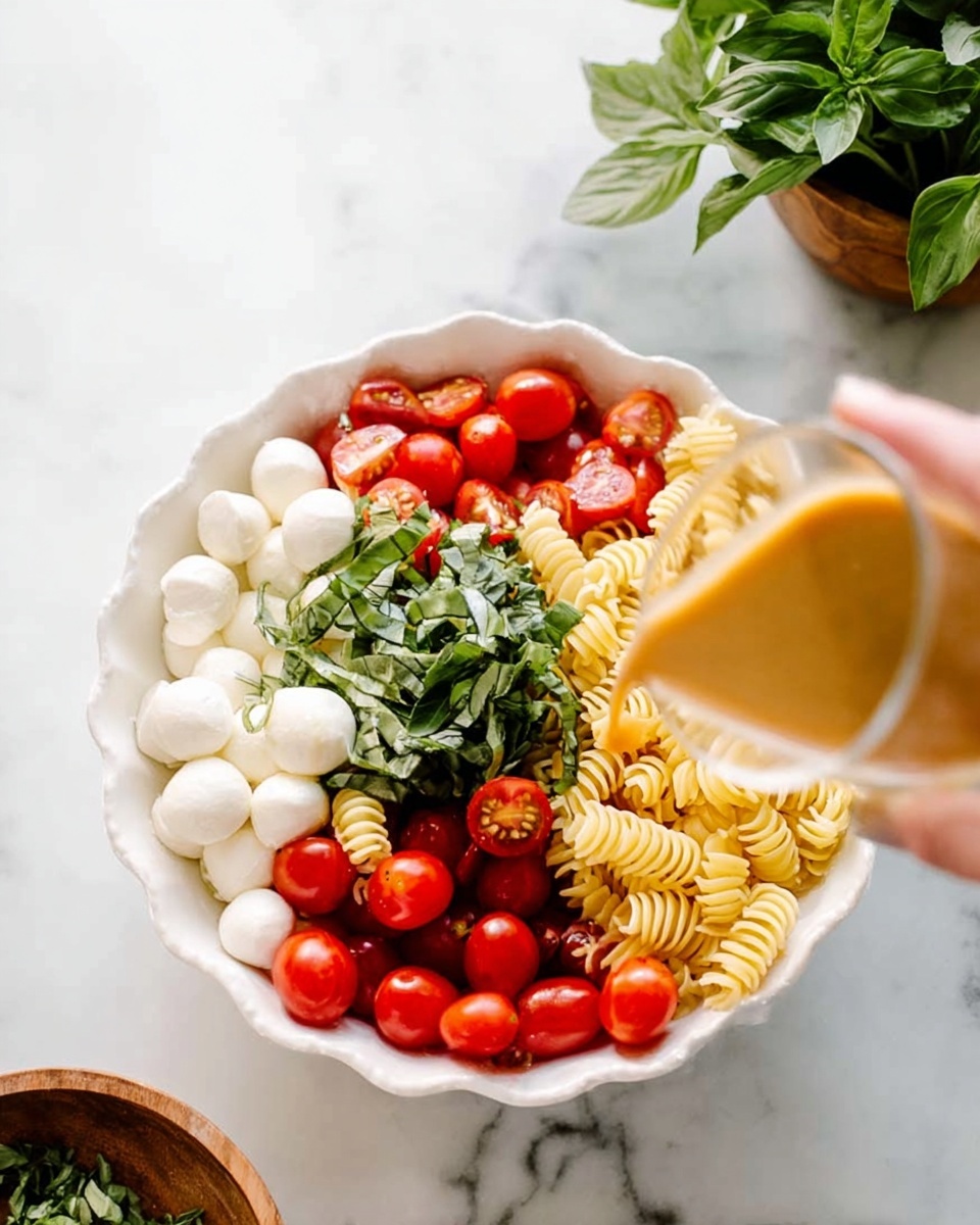 A white scalloped bowl is filled with four distinct sections: small white mozzarella balls on the left, bright red halved cherry tomatoes on the top right, pale yellow spiral rotini pasta on the bottom right, and a pile of fresh, thinly sliced green basil leaves in the center. A woman's hand is holding a glass container pouring a light brown dressing over the contents. The bowl sits on a white marbled surface with some fresh basil leaves in the top right corner and a wooden bowl with more basil in the bottom left. photo taken with an iphone --ar 4:5 --v 7