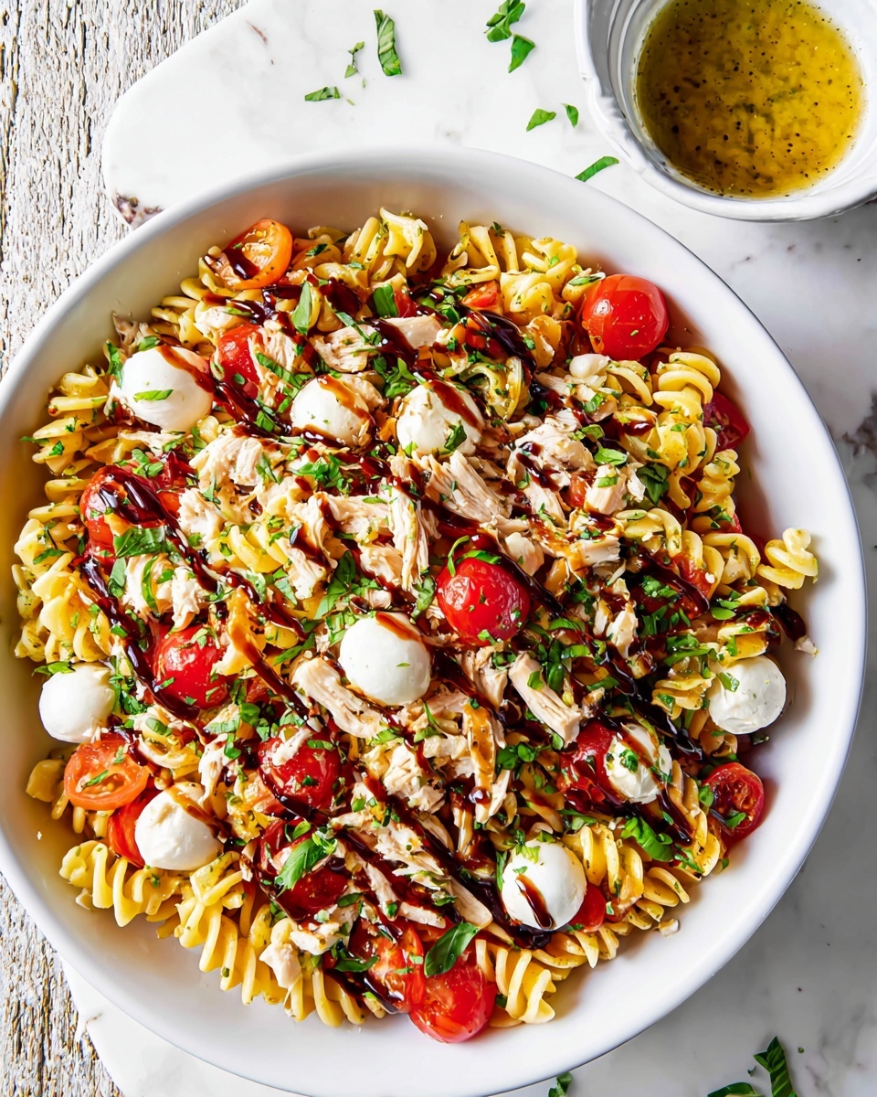 The dish is a colorful pasta salad served in a white bowl on a white marbled surface. The bottom layer consists of twisted yellow rotini pasta, mixed with bright red halved cherry tomatoes and small round white mozzarella balls. Scattered throughout are pieces of light beige shredded chicken and chopped dark green fresh basil leaves. The whole dish is drizzled with a dark brown balsamic glaze that adds contrast and texture. The pasta and toppings create a vibrant mix of colors and textures, with the glossy mozzarella and fresh herbs standing out. photo taken with an iphone --ar 4:5 --v 7