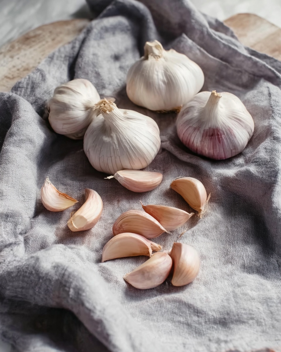 The image shows several whole garlic bulbs and peeled garlic cloves arranged on a gray cloth with soft folds. There are five whole bulbs, mainly white with light purple streaks, placed mostly in the upper part of the cloth with some overlapping. Below the bulbs, a group of peeled garlic cloves with a smooth, pale pinkish-beige color are scattered, some lying flat and others slightly tilted. The cloth is laid on a wooden surface, but the background should be imagined as a white marbled texture. The light is natural and soft, highlighting the textures and subtle colors of the garlic and cloth. Photo taken with an iphone --ar 4:5 --v 7