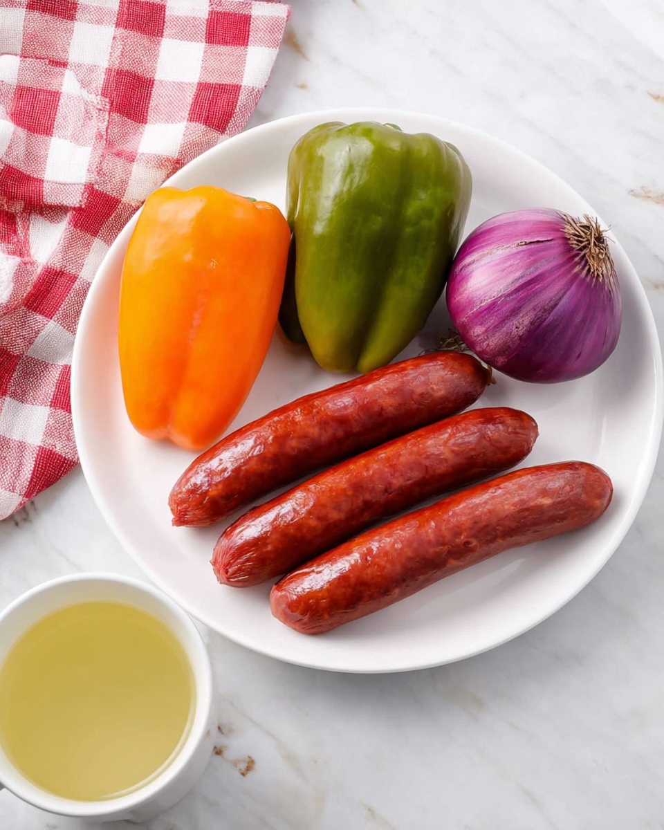A white plate holds four ingredients arranged neatly on a white marbled surface: two long, shiny reddish-brown sausages on the right side, two colorful orange and green bell peppers placed on the left, and a single purple onion with a slightly rough outer skin situated near the top right of the plate. In the lower left foreground, a white cup filled with a pale yellow liquid is visible. A red and white checkered cloth is partially seen in the upper left corner. The photo taken with an iphone --ar 4:5 --v 7