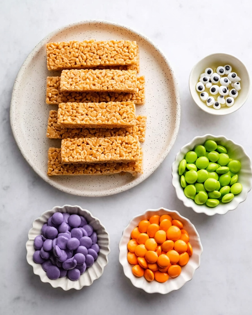 The image shows a white speckled plate at the top left filled with seven rectangular golden brown rice cereal bars stacked evenly. Surrounding the plate on a white marbled surface are four small white bowls with scalloped edges. The top right bowl holds many small white candy eyes with black centers. The bowl on the right contains smooth, flat, round orange candy melts. Below that, a bowl is filled with round green candy melts. To the left, another bowl is filled with round purple candy melts. All items are neatly arranged in a clean, bright setting. photo taken with an iphone --ar 4:5 --v 7