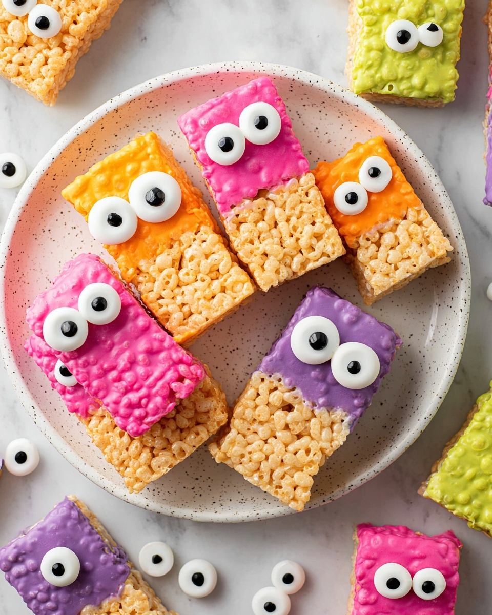 The image shows a baking tray lined with parchment paper holding ten rectangular rice cereal treats. Each treat is half-covered with brightly colored frosting in pink, purple, yellow, or orange, applied on the top side creating a smooth layer. Three edible candy eyes of different sizes are placed on the frosting in a playful, monster-like arrangement on each treat. The baking tray is on a white marbled surface, scattered with extra candy eyes. Two small white bowls containing pink and orange frosting are partly visible at the top edges of the image. photo taken with an iphone --ar 4:5 --v 7