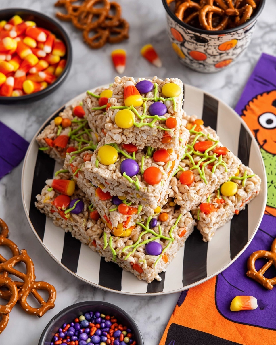A stack of square cereal treats sits on a white plate with black stripes. Each treat has a light beige base with puffed cereal pieces, decorated with small orange and yellow candy corn on top, along with colorful candy-coated chocolates in red, yellow, purple, and orange. Small pretzels with their glossy brown texture are also placed on the treats, and thin green icing lines cross over the top, adding a spider web effect. The treats are arranged in a pile with some overlapping. Around the plate on a white marbled surface, there are small bowls with candy corn and purple, orange, and black candy sprinkles, a cup filled with purple, orange, yellow, and red candy-coated chocolates, more pretzels, and two paper napkins featuring Halloween designs in green and orange. photo taken with an iphone --ar 4:5 --v 7