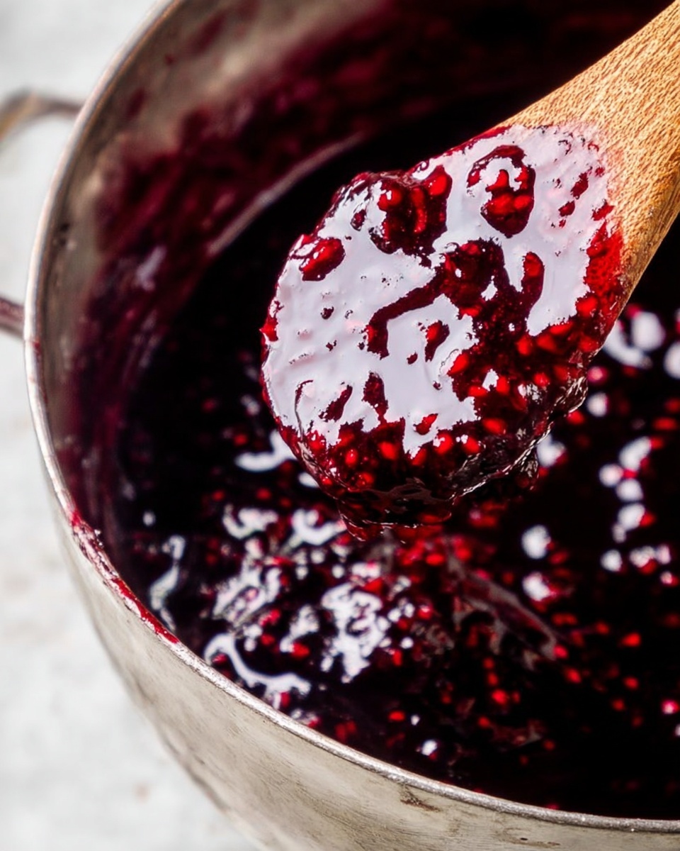 A close-up view of a metal bowl holding thick, dark red berry jam with visible small fruit pieces, the jam glistening with a glossy texture. A wooden spoon is scooping a generous amount of the jam, showing a mix of smooth syrup and chunky fruit bits. The jam slightly spills on the side of the bowl, adding color contrast to the shiny metal surface. The background is a white marbled texture. photo taken with an iphone --ar 4:5 --v 7
