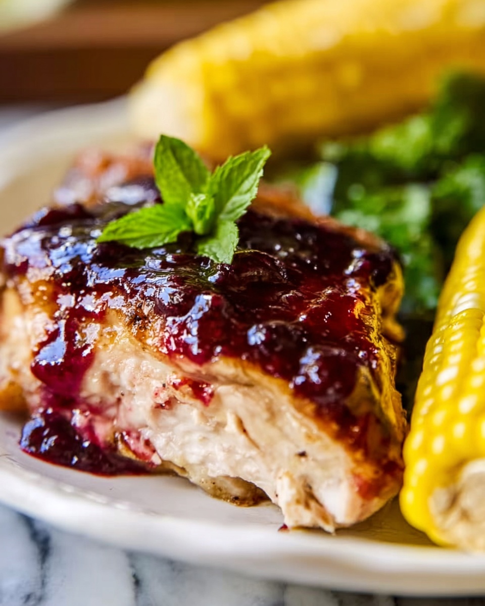 A close-up of a cooked thick piece of chicken with a slightly browned texture on the outside, topped with a shiny dark red berry sauce that spreads unevenly over the top, garnished with a small fresh green mint leaf. On the right side of the white plate, there is a bright yellow ear of corn with visible kernels and a side of green leafy vegetables. The white plate sits on a white marbled surface. Photo taken with an iphone --ar 4:5 --v 7
