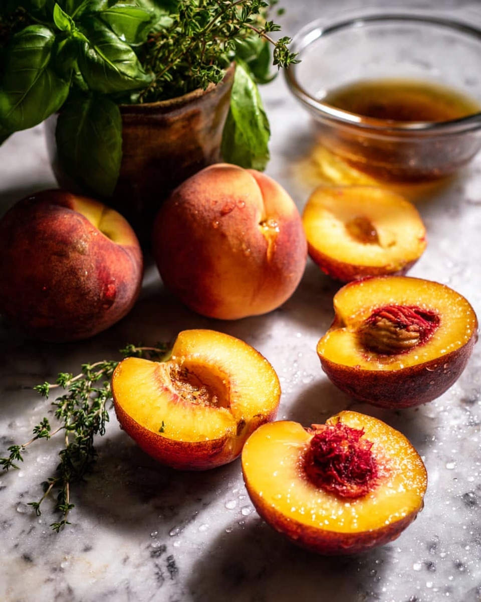 The image shows several peaches arranged on a white marbled surface with water droplets scattered around, giving a fresh look. There are four peach halves with bright yellow-orange flesh and reddish centers, each showing the pit cavity, and one whole peach with a slightly fuzzy reddish skin. Behind the peaches, there is a small bunch of fresh green basil and thyme leaves inside a brown ceramic mug. A clear glass bowl containing a brownish liquid is also placed in the background. The lighting creates soft shadows and highlights the juicy texture of the peach flesh. Photo taken with an iphone --ar 4:5 --v 7