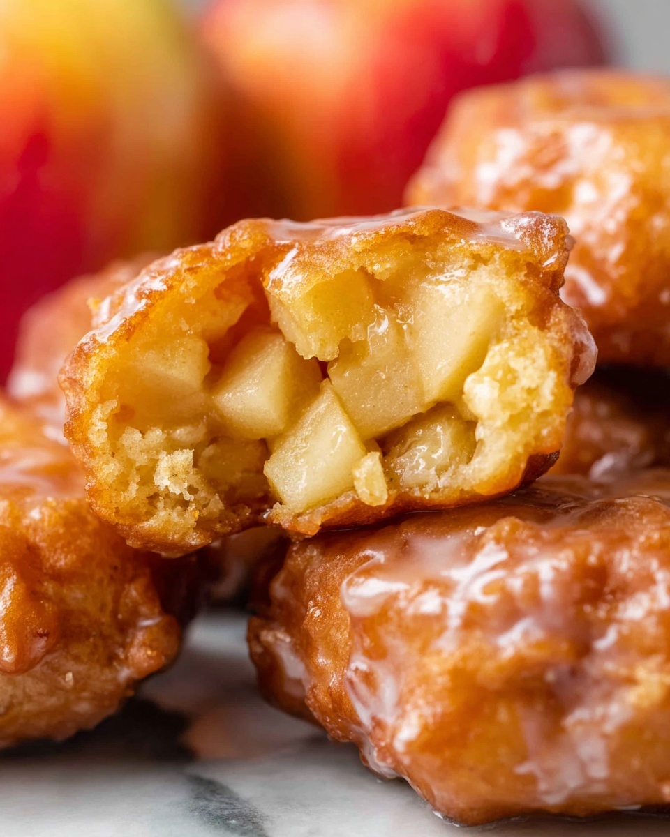 The image shows a close-up of a bitten apple fritter with a golden brown, crispy outside and a soft, fluffy inside filled with small, pale yellow apple chunks. The fritter is coated with a light, shiny glaze that gives it a slightly wet look. Behind it, there are more fritters stacked together, also covered in the glossy glaze, all placed on a white marbled surface. In the background, blurred red and orange apples add a warm, fresh feel to the scene. Photo taken with an iphone --ar 4:5 --v 7