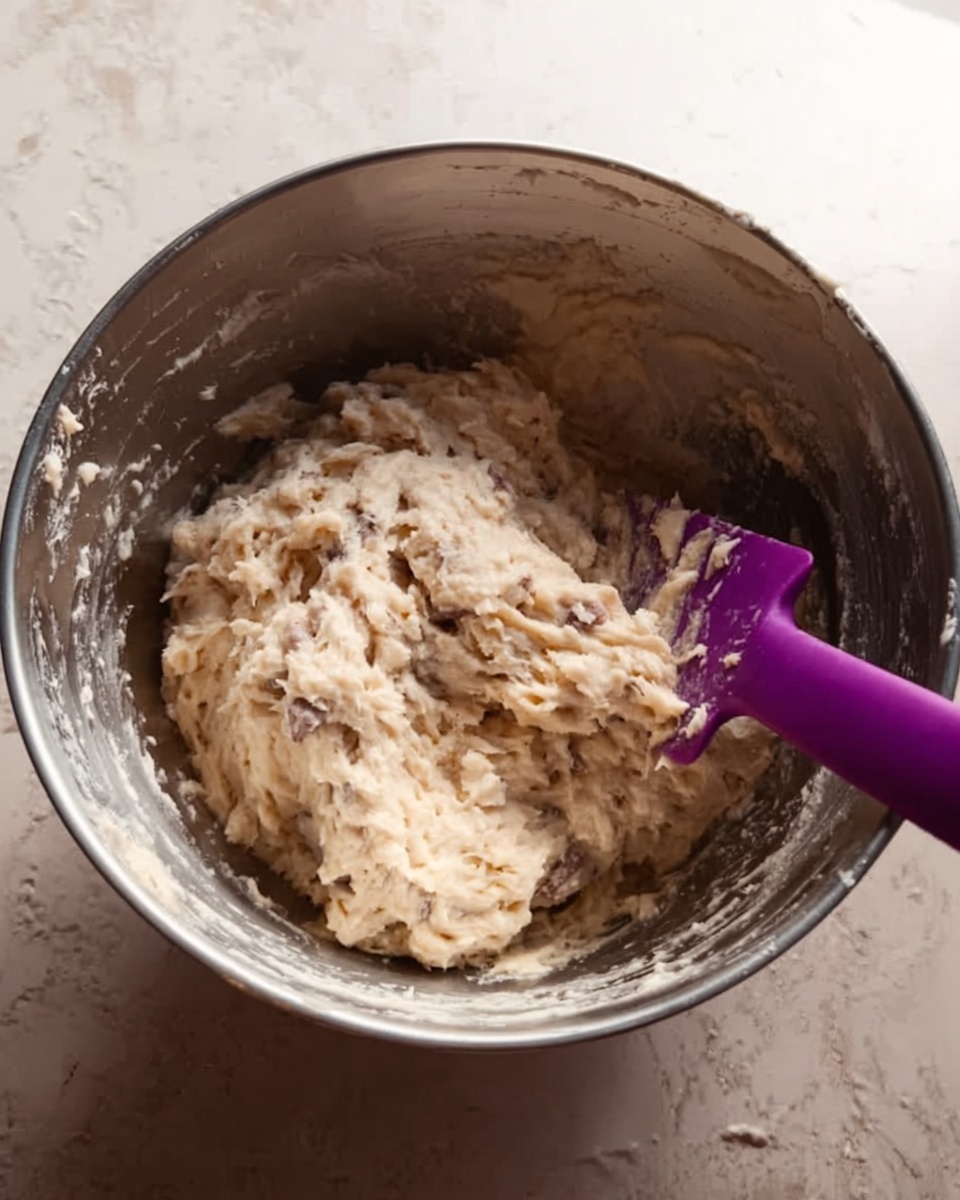 A shiny metal mixing bowl filled with a thick, lumpy dough mixture that is pale beige in color with darker bits spread throughout. A purple spatula with some dough on it rests inside the bowl on the right side. The surrounding surface is a white marbled texture. The lighting creates a slight shadow over the dough, giving the texture a soft, uneven look. photo taken with an iphone --ar 4:5 --v 7